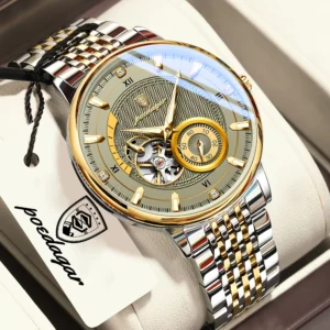 POEDAGAR Fashion Man Watch Luminous Hollow Tourbillon Stainless Steel Elegant Men Clock Mechanical Automatic Men's Watches Relo